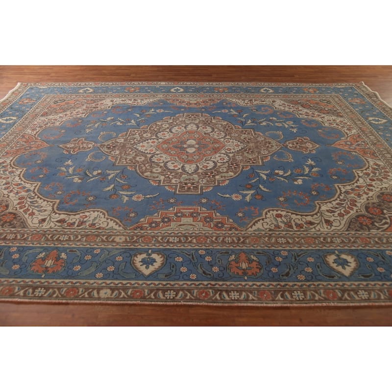 Blue Tabriz Persian Vintage Area Rug Handmade Wool Carpet - 9'10"x 13'0"