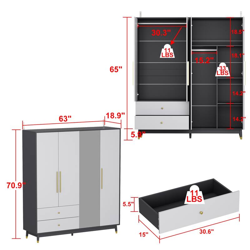 Wooden 2 Drawers 4 Doors Wardrobe Armoire With Mirror (Gray/Black)