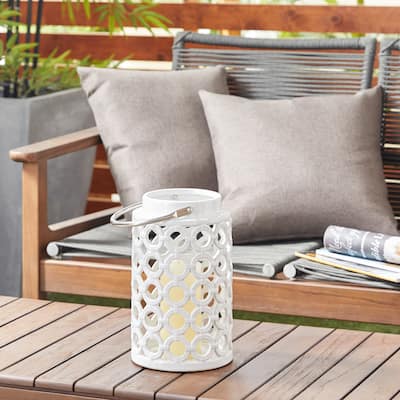 White Ceramic Circles Decorative Indoor Outdoor Candle Lantern with Cut Out Design - 7 x 8 x 11