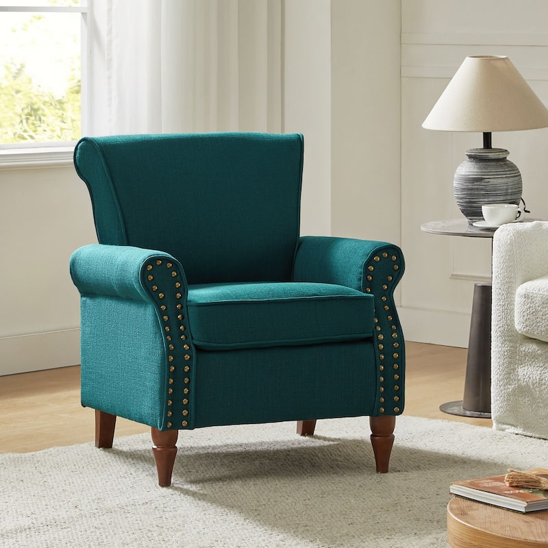 Nyctelius Upholstered Comfy Accent chair with Classic Turned Wooden Legs and Nailhead Trim by HULALA HOME