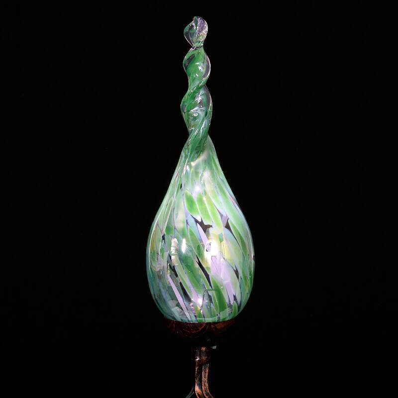 Exhart Solar Pearlized Hand Blown Glass Twisted Flame Garden Stake with Metal Finial Detail, 36 Inch