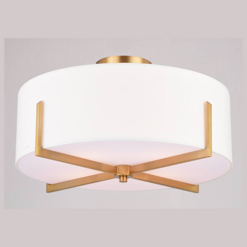 Surrey 18-in W Natural Brass Mid-Century Modern Semi Flush Mount Ceiling Light White Linen Drum Shade