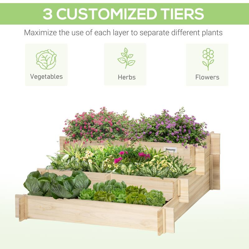 Outsunny 3-Tier Wood Raised Garden Bed with Non-woven Fabric inside, Elevated Planting Box, Outdoor Vegetable Flower Container