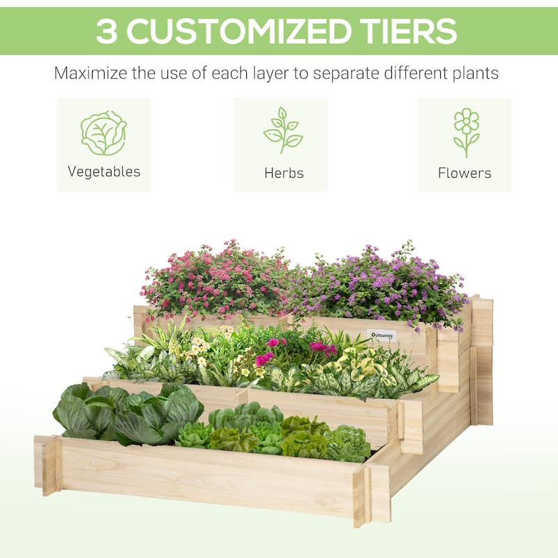 Outsunny 3-Tier Wood Raised Garden Bed with Non-woven Fabric inside ...
