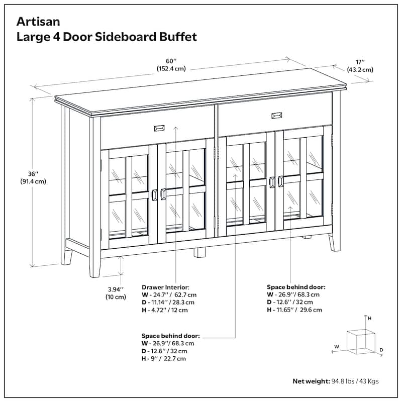 WYNDENHALL Stratford 60" Wide Solid Wood Transitional Large 4 Door Sideboard Buffet -  17"d x 60"w x 34"h