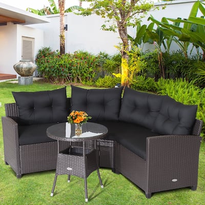 4PCS Garden Patio Rattan Furniture Set Cushioned Sofa Glass Table