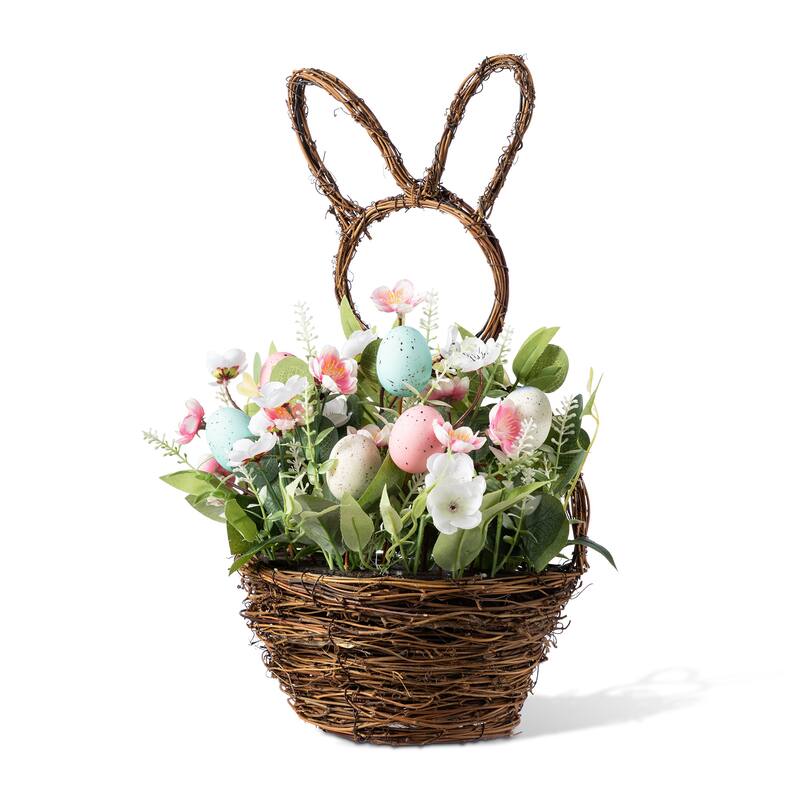 Glitzhome Easter Bunny Shaped Wreath with Eggs Satin Ribbon Bow Basket