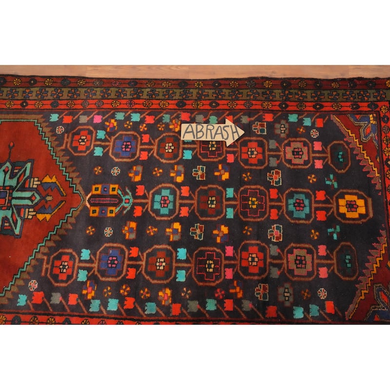 Hand Knotted Oriental 100% Wool Carpet Traditional Geometric Navy Blue & Blues Ardebil Runner Rug - 9' 6'' X 3' 5''