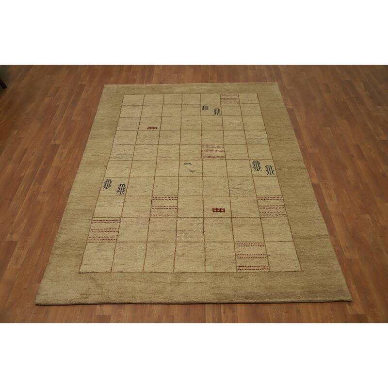 Hand Knotted Oriental 100% Wool Carpet Modern Geometric Beige & Ivories Gabbeh Area Rug - 7' 10'' X 5' 7''