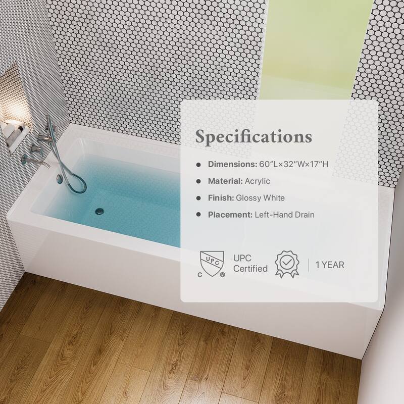 Eviva Nova 60" White Acrylic Alcove Bathtub-Left Drain