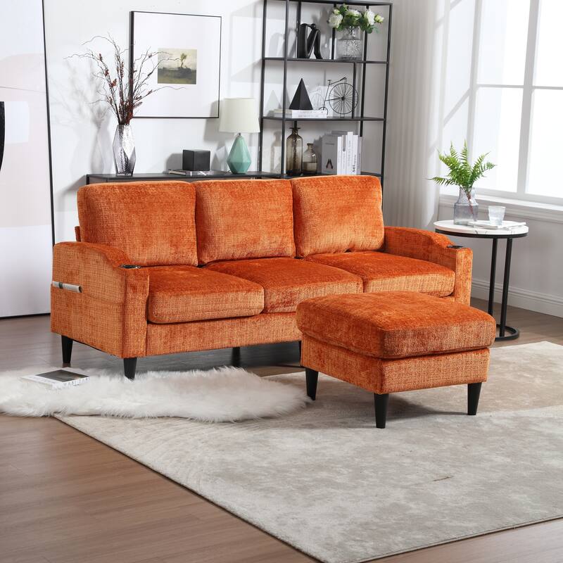 Modular Sectional Sofa with Storage Ottoman, Comfy Chenille Fabric Sofa, 3-Seater Sofa with Side Pockets & 2 Cup Holders
