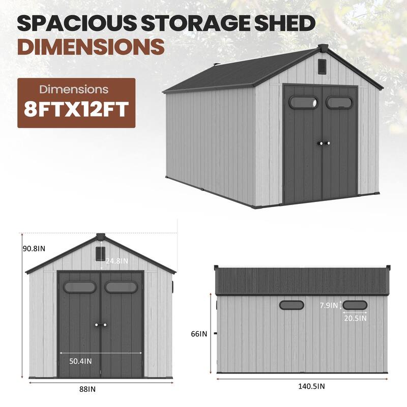 All-Weather Lockable Door Resin Outdoor Storage Shed with Window Floor for Patio Furniture and Tools