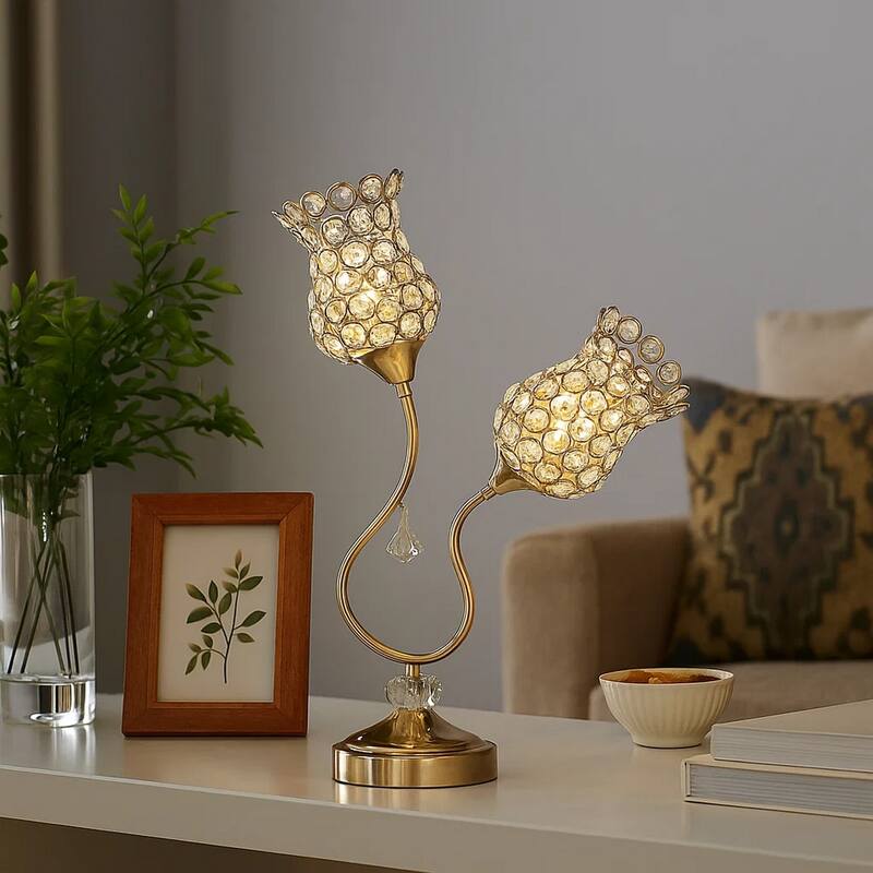 Metal Table Lamp with Floral Trumpet Shade and Crystal Accents, Gold