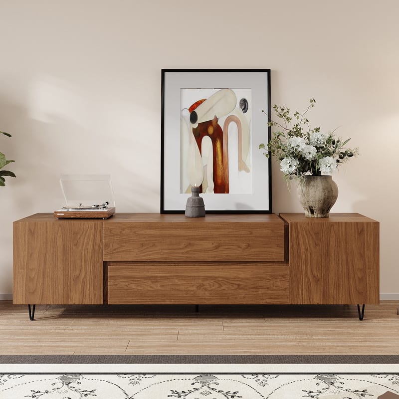 71" Walnut Finish TV Stand with Drawers & Closed Cabinets - Modern Media Console with Open Shelves