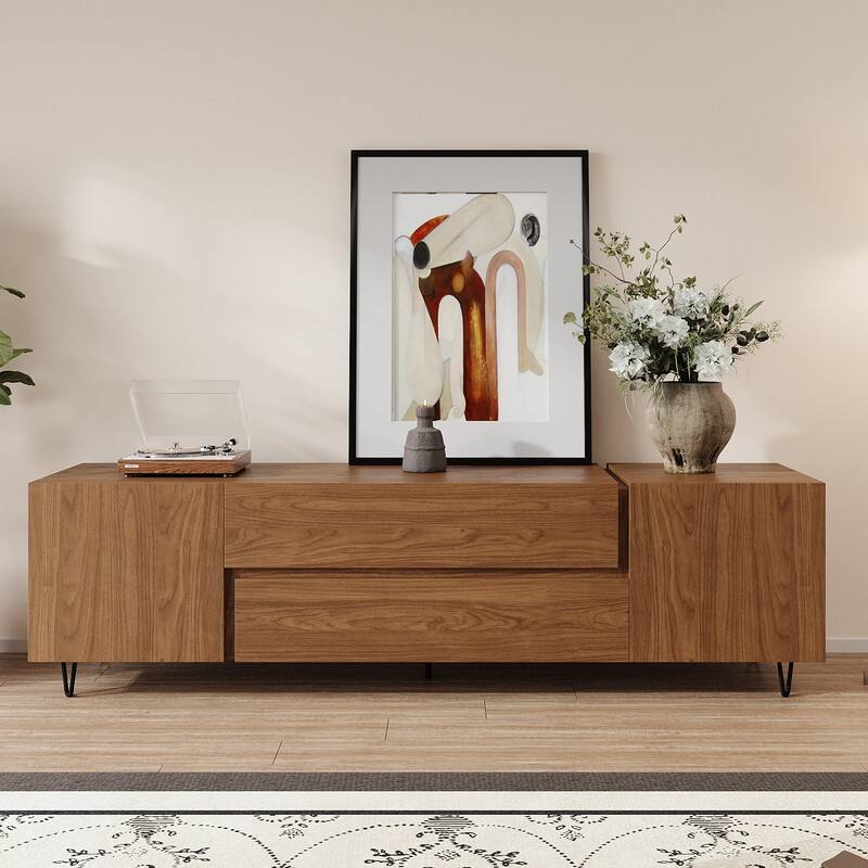 71" Walnut Finish TV Stand with Drawers & Closed Cabinets - Modern Media Console with Open Shelves - Brown