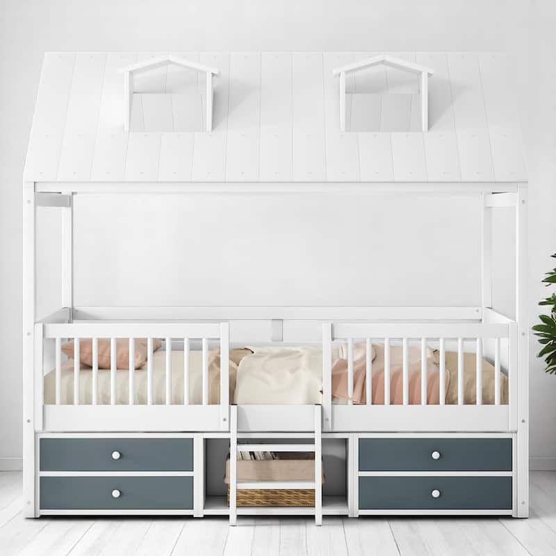 Twin/Full Size Wooden House Bed Frame with Skylight Roof, Drawers, Shelves and Ladder