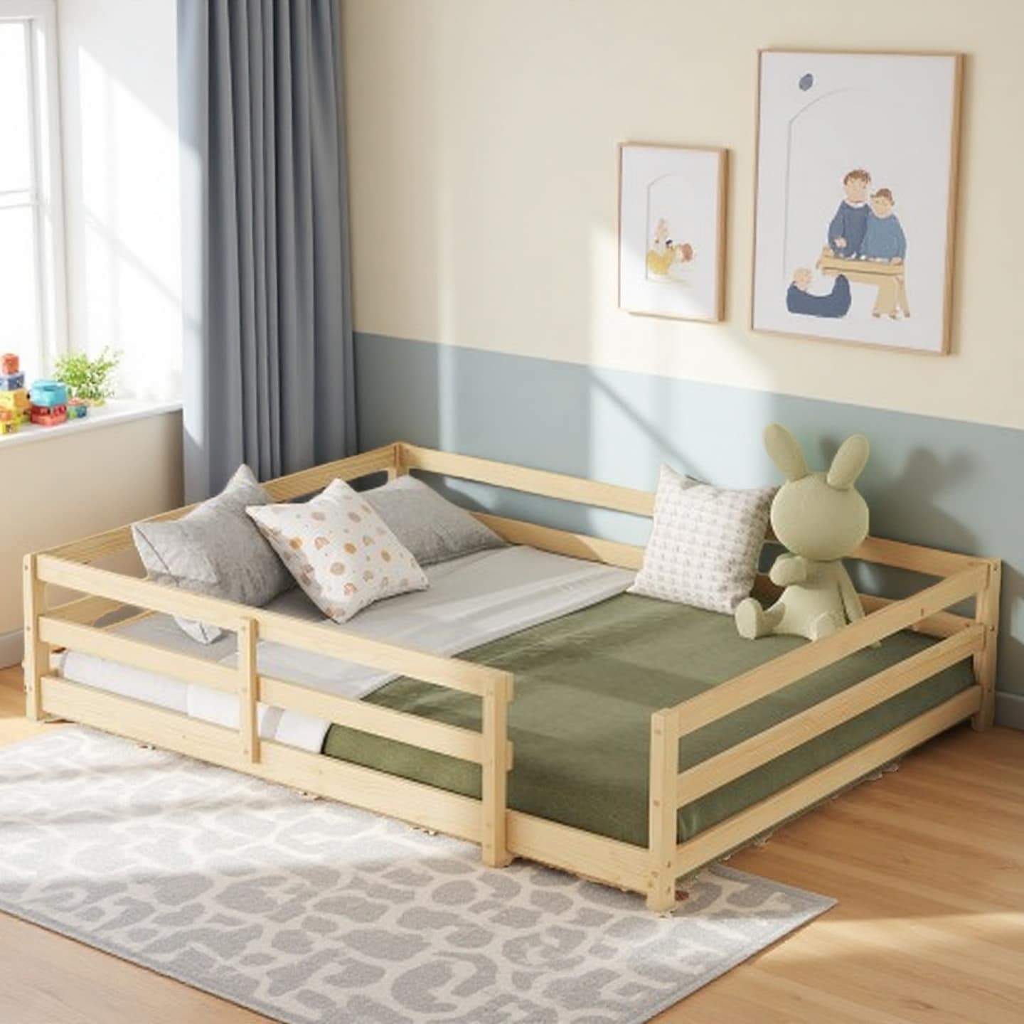 Full-Size Montessori Floor Bed for Kids, Wooden Low Bed with Safety Fence