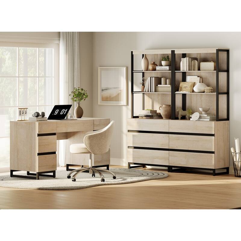 59In Modern Executive Desk With Charging Station & Drawers And 2 PCS 72In Tall BookcasesFor Living Room, Bedroom