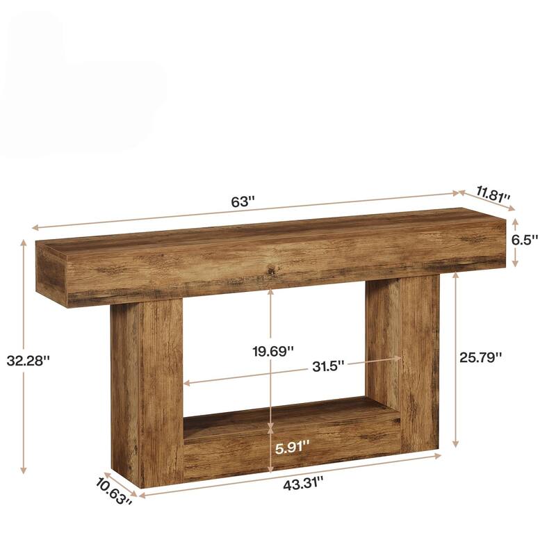 63" Farmhouse 2-Tier Rustic Console Table with Storage Shelf & U-Shaped Gray Base