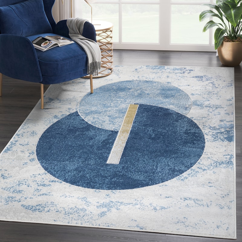 Abani Atlas Collection ATL110A Intertwined Circles Blue Grey Area Rug - 4' x 6' - Grey