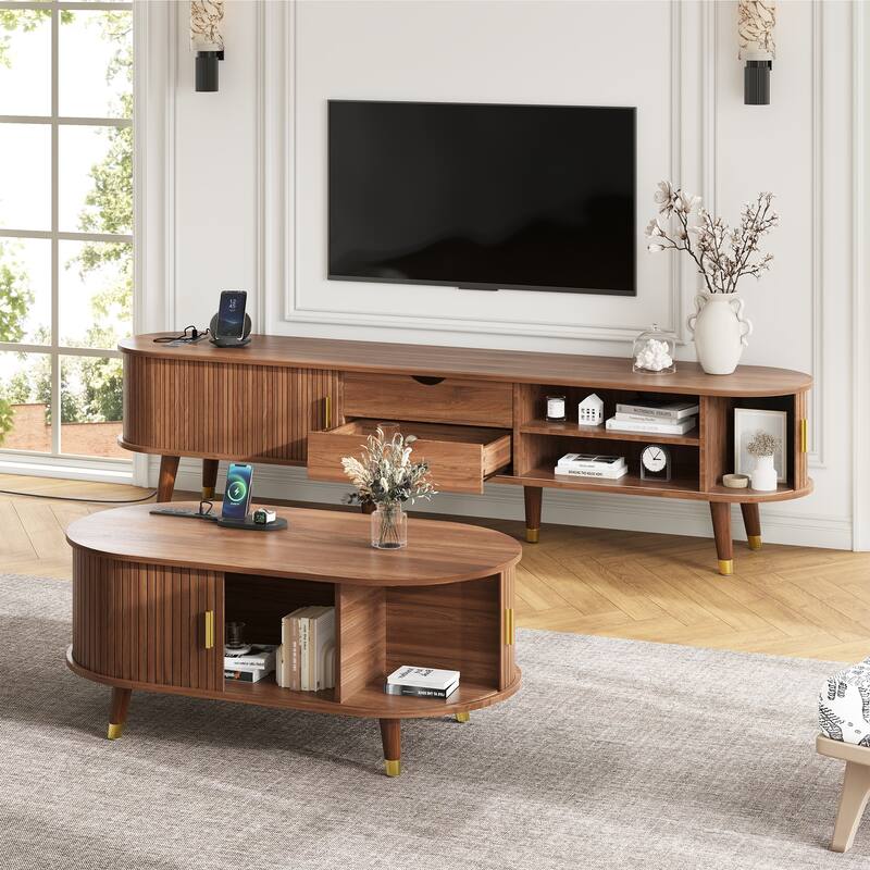 Oval Fluted TV Stand & Coffee Table Set with Charging Station, Media Console with Sliding Doors for TVs up to 80" - Walnut