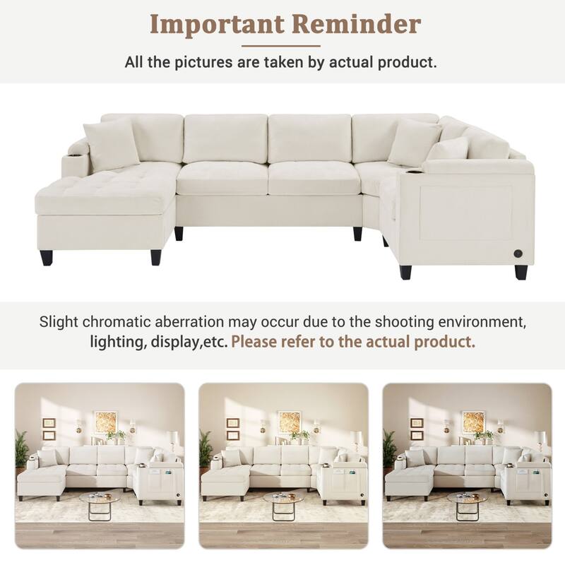 115.7" Modern Oversized U-shaped Sectional Sofa with Built-in Cup Holders, Storage Space and USB Ports