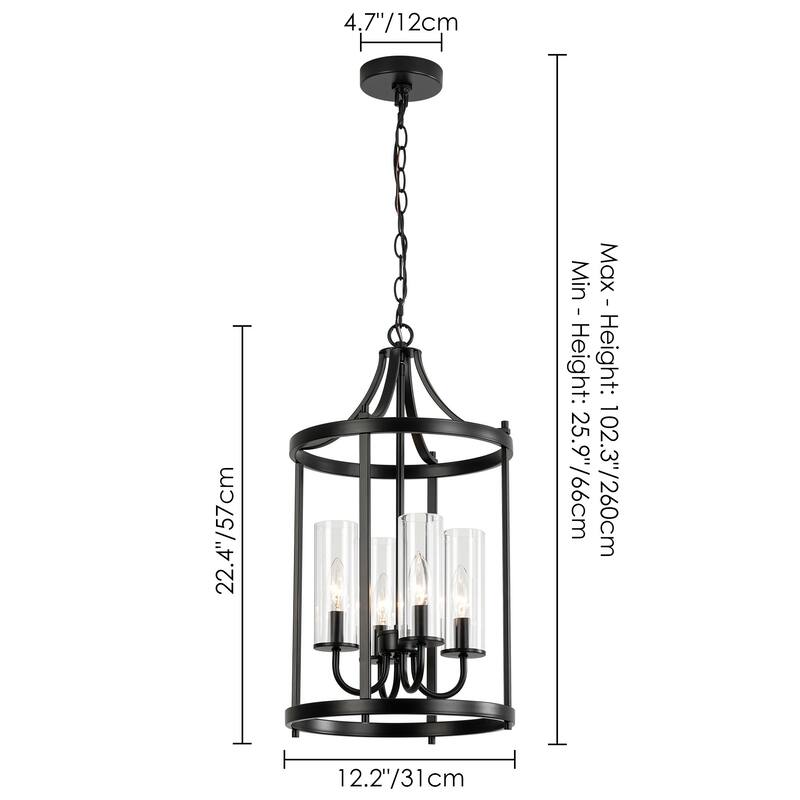 4-Light Traditional Black Drum Lantern Kitchen Island Pendant Lighting with Clear Glass Shade - 12.2 in. W x 22.44 in. H