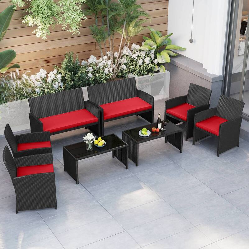 Gymax Set of 8 Patio Conversation Set w/Seat Cushions & Tempered Glass