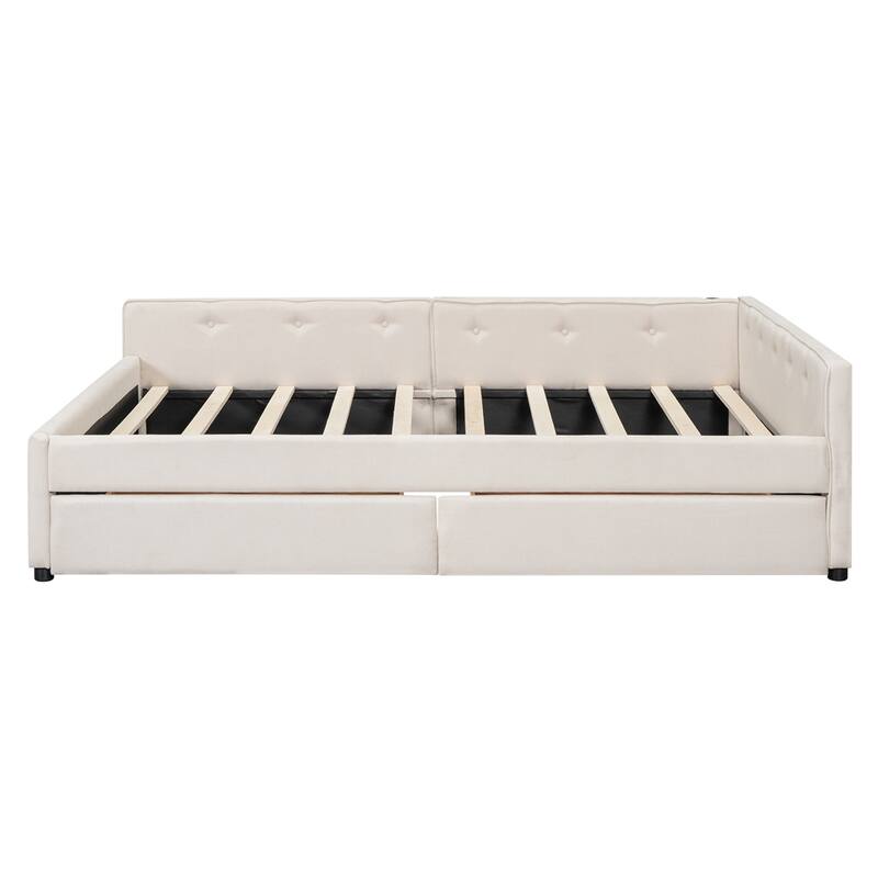 Linen Upholstered Platform Bed with USB and 2 Drawers