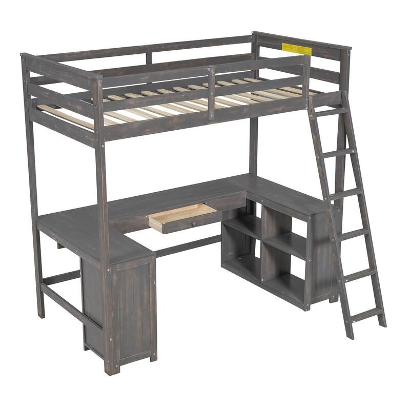 Solid Wood Loft Bed with Bulit-in U-Shaped Desk, 2 Drawers and Cabinet, Twin/Full Size Loft Bedframe w/ Storage Shelves & Ladder