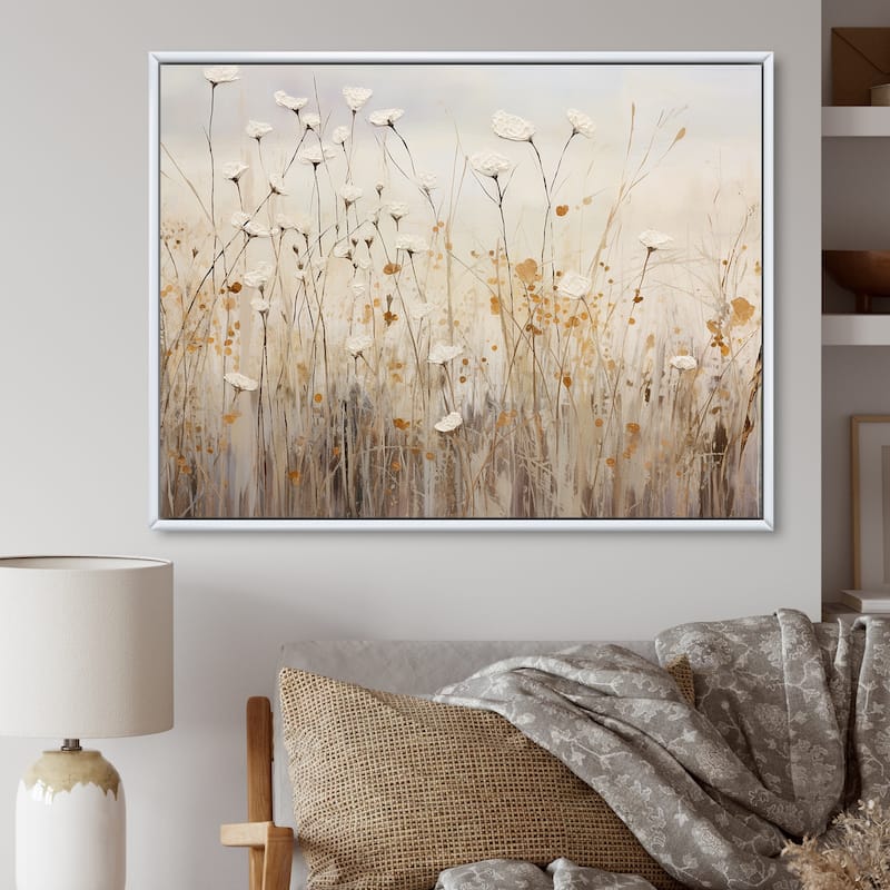 Designart "Beige Wildflowers Floral Fantasy" Wildflowers Framed Wall Art Living Room - 44 in. wide x 34 in. high - White