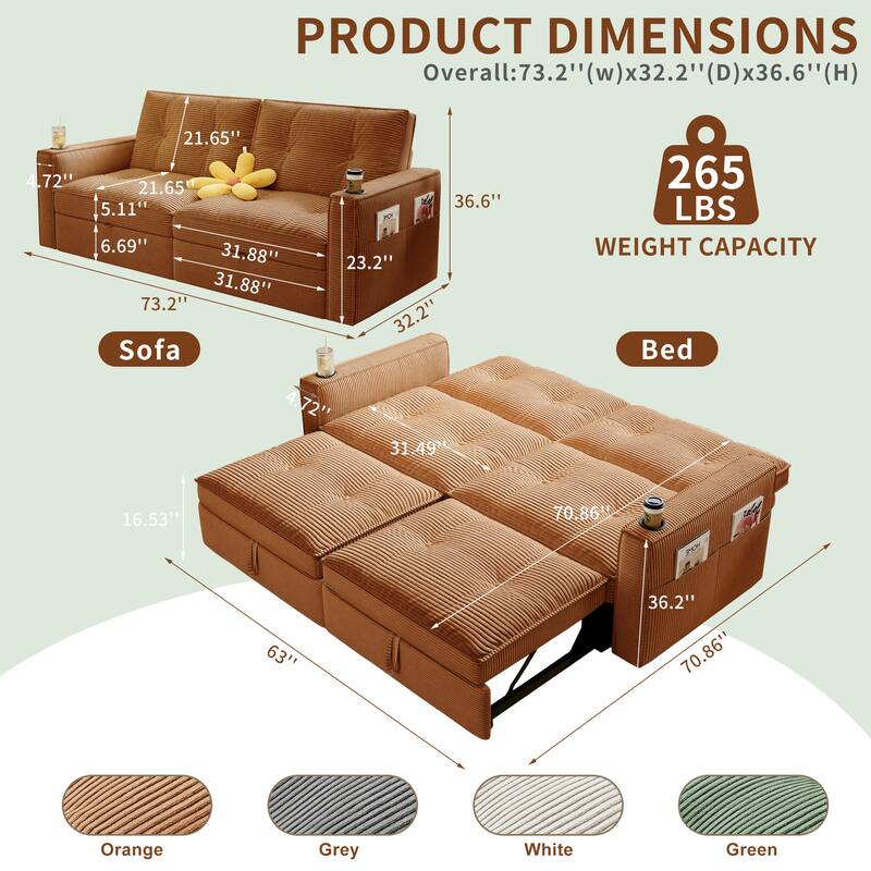 Multi-Functional Corduroy Loveseat Couch Convertible Sleeper Sofa Bed with Cup Holders and Side Pockets for Sitting, Sleeping