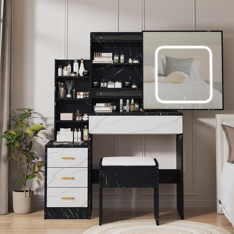 Vanity Desk with Sliding Mirror, Charging Station, 4 Drawers, Shelves, Stool
