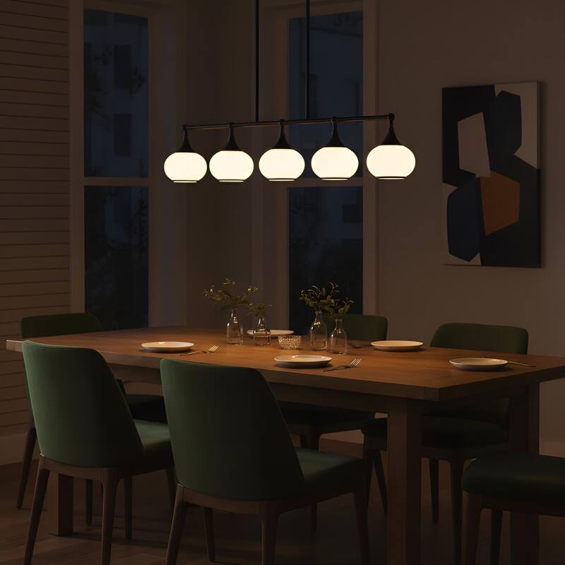 Acroma 5-light Modern Linear Chandelier with Opal Glass Globe Shade Kitchen Island Light