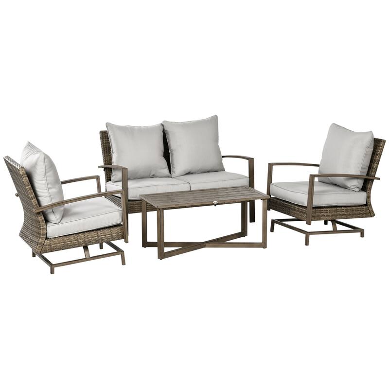 Outsunny 4 Piece Patio Furniture Set with Cushions, Outdoor Conversation Sets with Rattan Rocking Chair