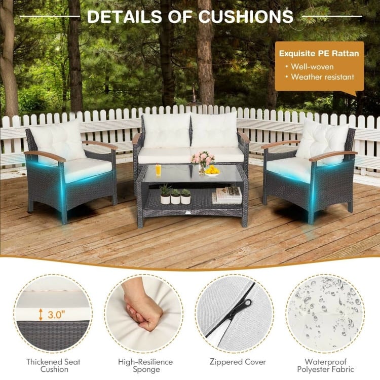 4 Pieces Patio Rattan Furniture Set with Cushioned Sofa and Storage Table - 46.5" x 23.5" x 30" (L x W x H)