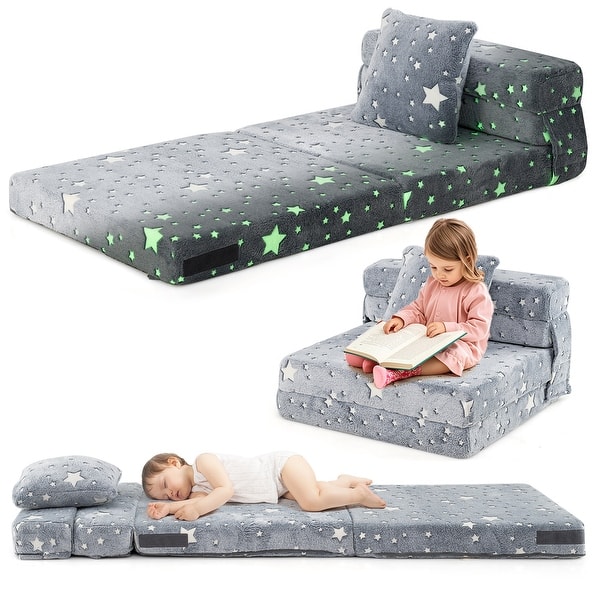 slide 2 of 17, Flannel Kids Sofa Bed with Glow Patterns and Foldable Lounger Design - Mattress: 66" × 26" × 4" (L × W × H) Grey