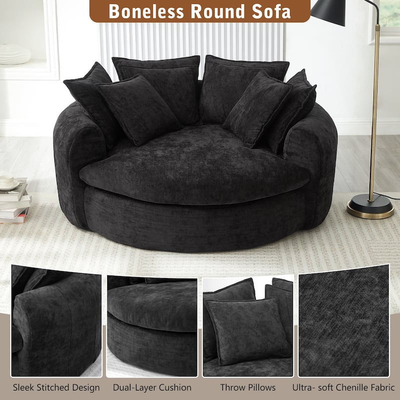 Oversized Round Accent Chair Lounge Chaise, Chenille Upholstered Boneless Sofa Bed, Deep Seat Sleeper Couch Reading Armchair
