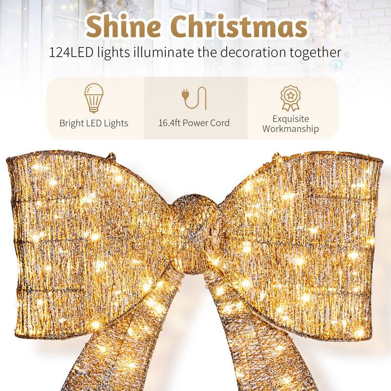 Pre-lit Outdoor Giant Bowknot Christmas Decoration with 124 Warm White LED Lights for Front Door Gate Wall