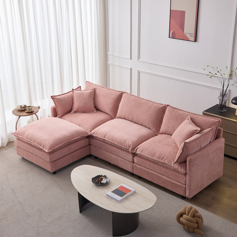 105" Modular Sectional Sofa with Ottoman, Upholstered Chenille Fabric 3-Seater - Pink