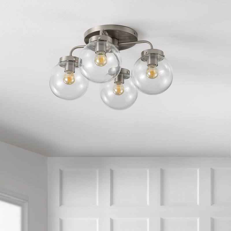 Julian 18" 4-Light Farmhouse Rustic Iron/Glass LED Semi Flush Mount, Oil Rubbed Bronze/Clear by JONATHAN Y - 4 Light