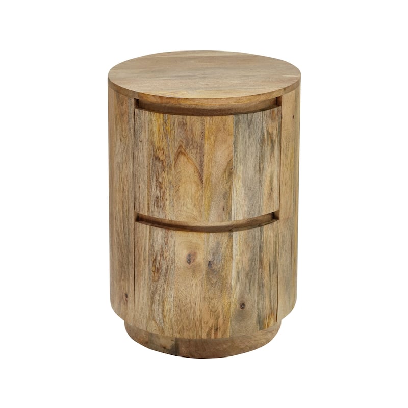 HomeRoots 24" Natural Solid Wood Round Drum End Table With Two Drawers - 18 in. x 24 in. x 18 in.