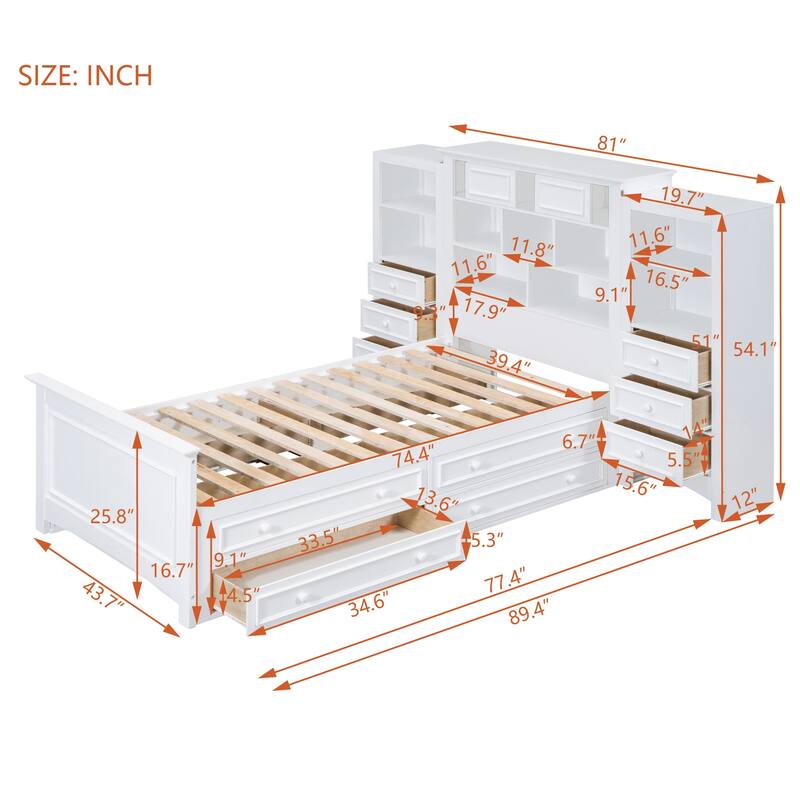 White Twin Size Wood Platform Bed with Vertical All-in-One Cabinet and 4 Drawers on each side