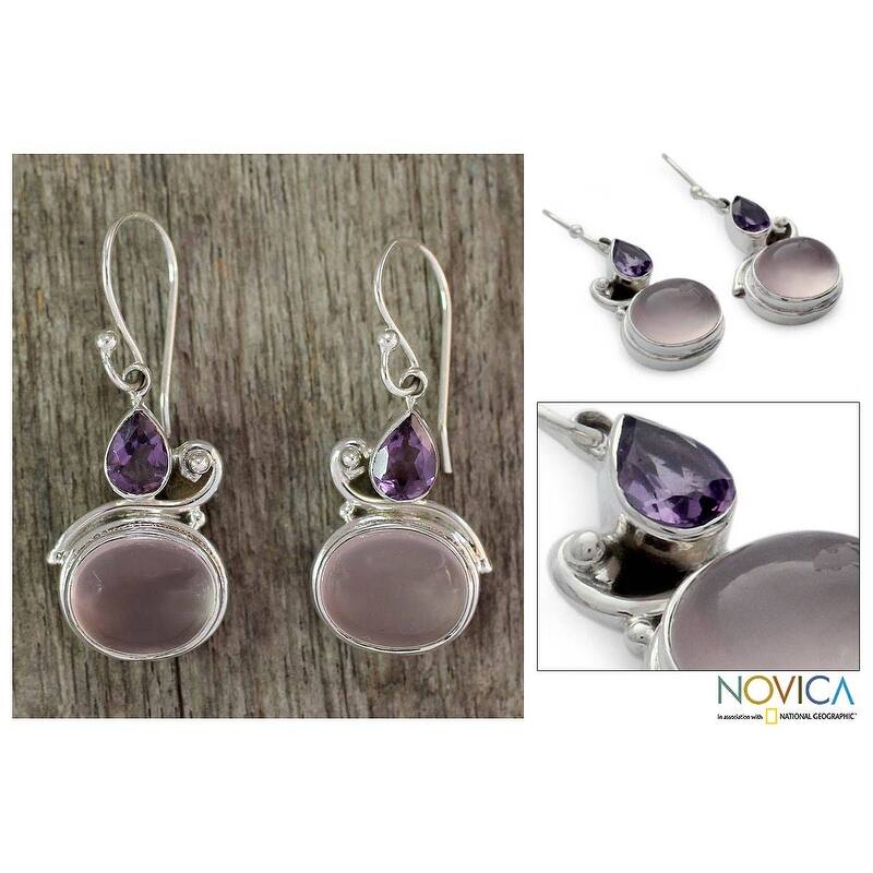 NOVICA Handmade Sterling Silver 'India Dawn' Amethyst and Rose Quartz Earrings (India)