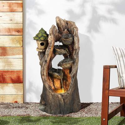 Brown Resin Hollow Tree and Birdhouse Outdoor Fountain