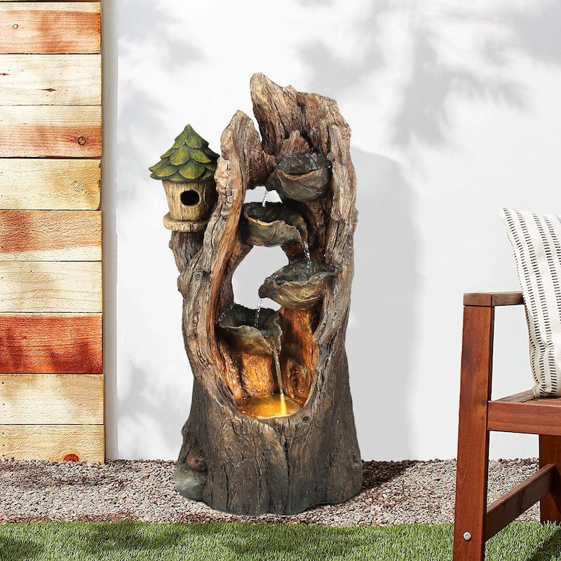 Brown Resin Hollow Tree and Birdhouse Outdoor Fountain