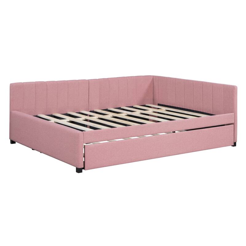 L-Shaped Backrest Daybed Upholstered Daybed Frame Classic Wood Slats Design with 2 Storage Drawers or Trundle, Full Size