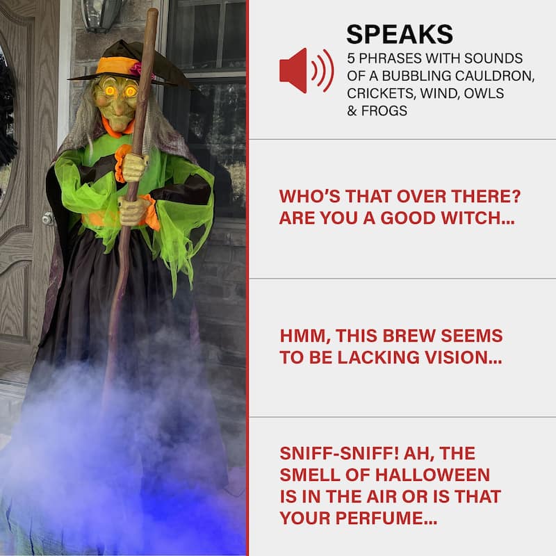 Haunted Hill Farm 6-Ft. Tall Motion-Activated Cauldron Witch, Premium Talking Halloween Animatronic, Plug-In