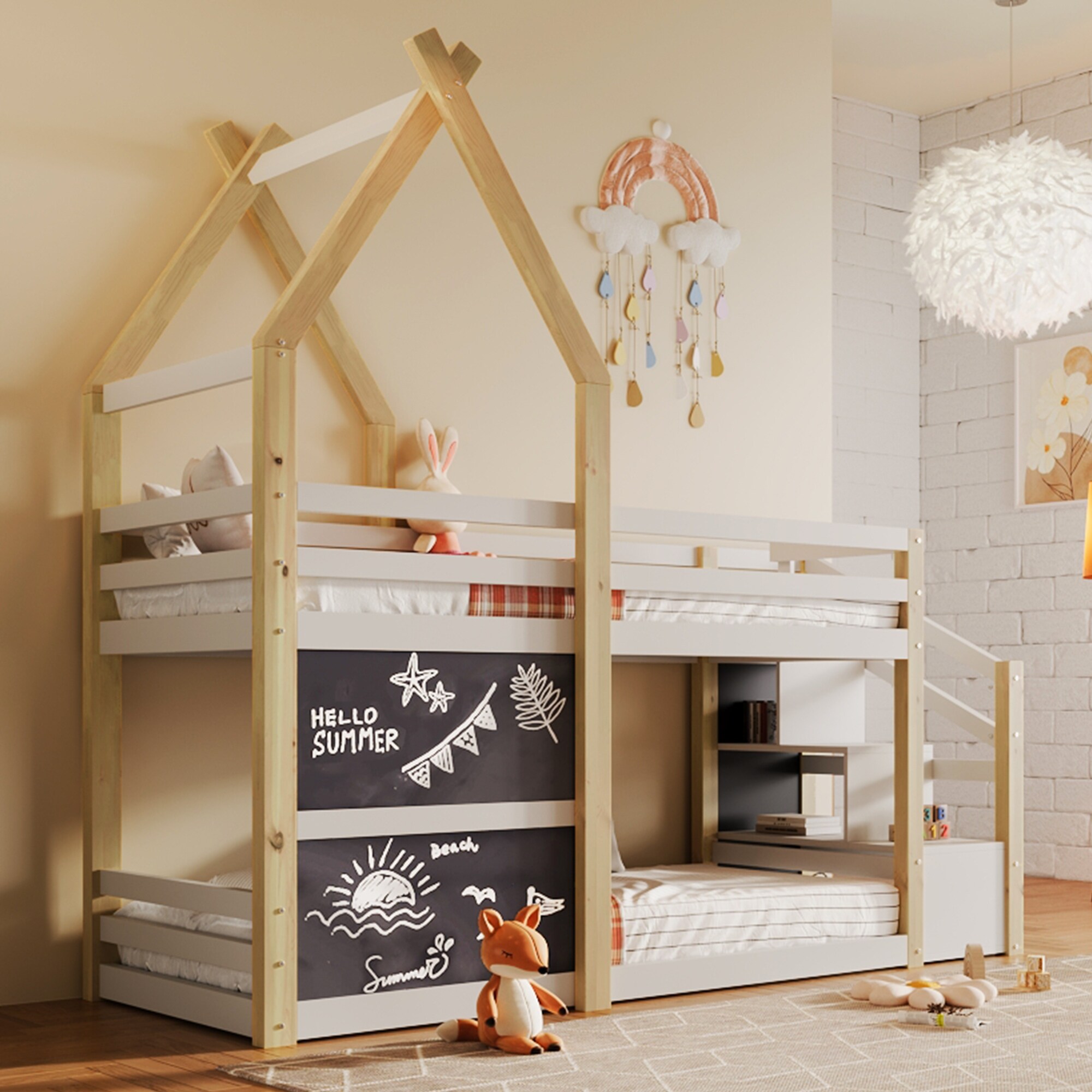 White Twin over Twin House Bunk Bed with Storage Staircase and 2 Blackboards Full Length Guardrail