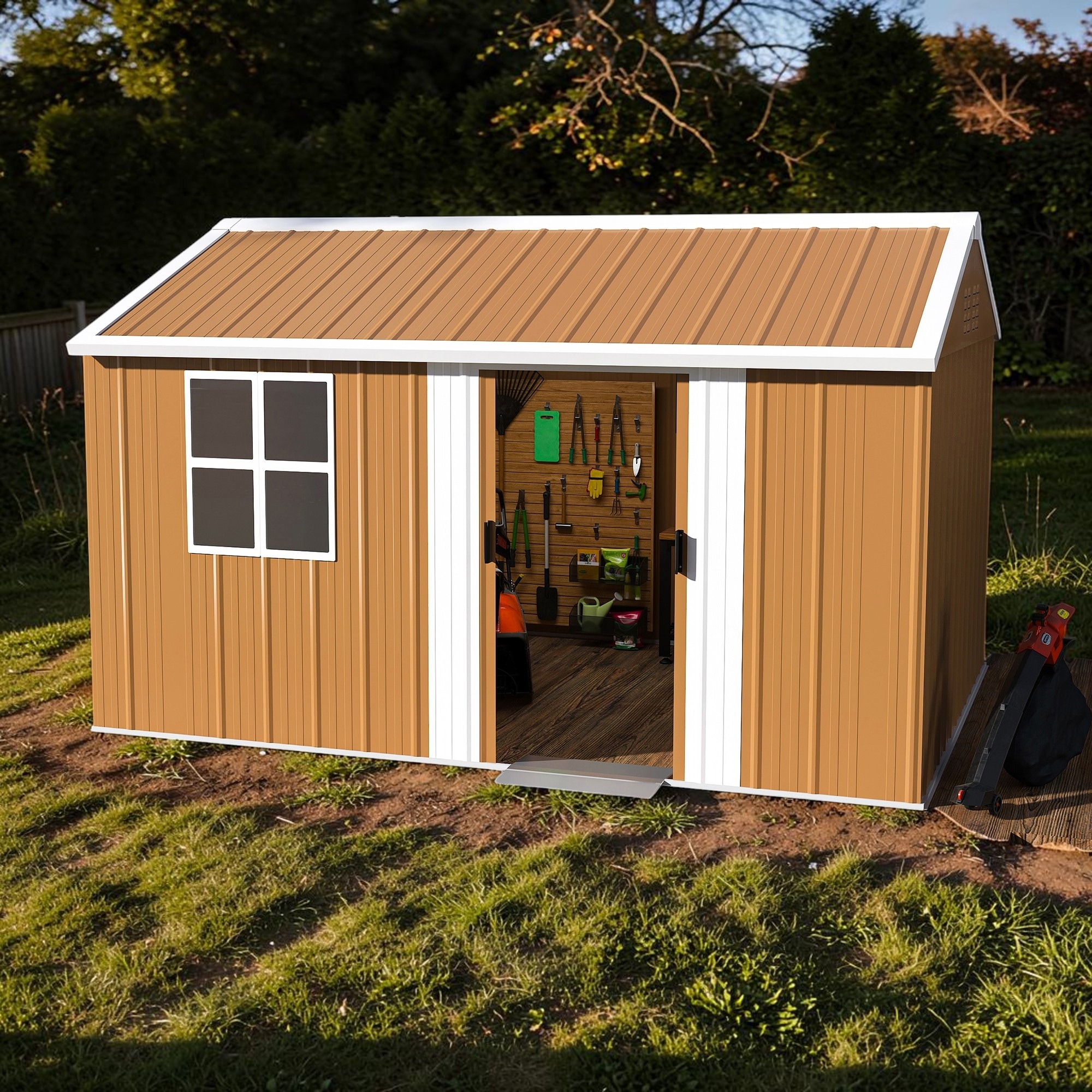 12x8 FT Heavy Duty Metal Storage Shed with Sliding Door, Windows and Vents for Backyard Garden